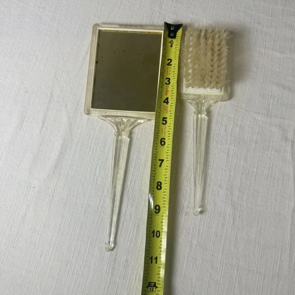 Vintage Vanity Set 2 Pieces Brush Handheld Mirror Lucite or Acrylic w/ Gold Foil